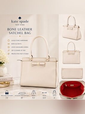 Kate Spade New York Bone Leather Bow Satchel Tote Bag Ivory Cream Gold Zip